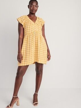 Old Navy Yellow Plaid Gingham V-Neck Flutter Sleeve Mini Dress